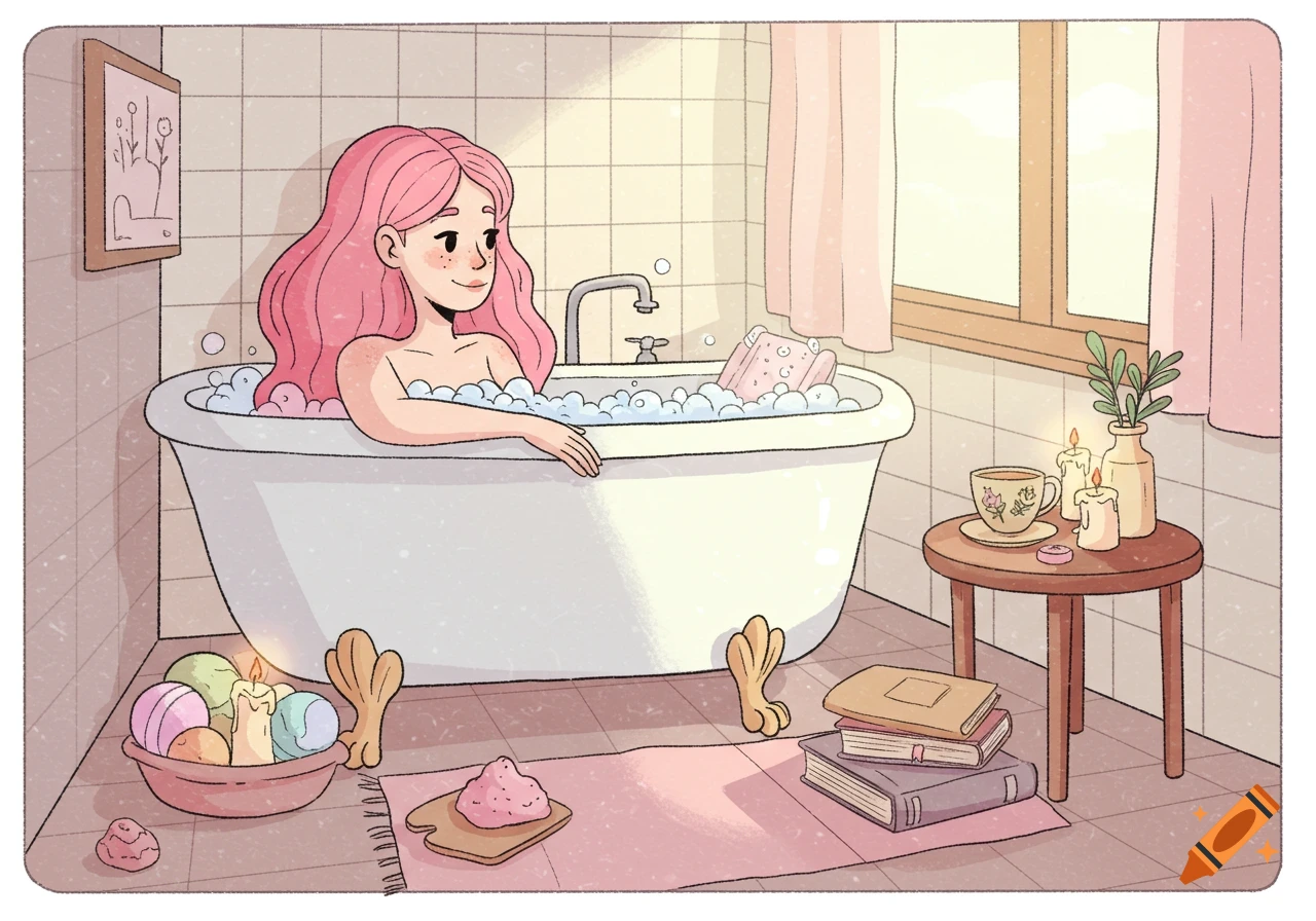 Cartoon illustration of a woman with pink hair in a bubble bath.