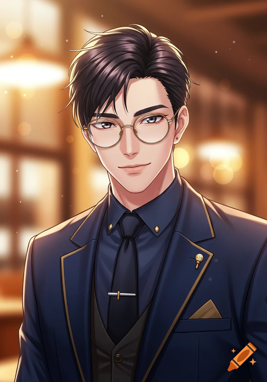 Anime portrait of a handsome man in a suit and glasses.
