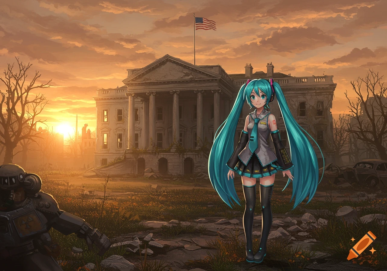 Hatsune Miku stands in front of a ruined White House in a post-apocalyptic landscape, with a power-armored figure.
