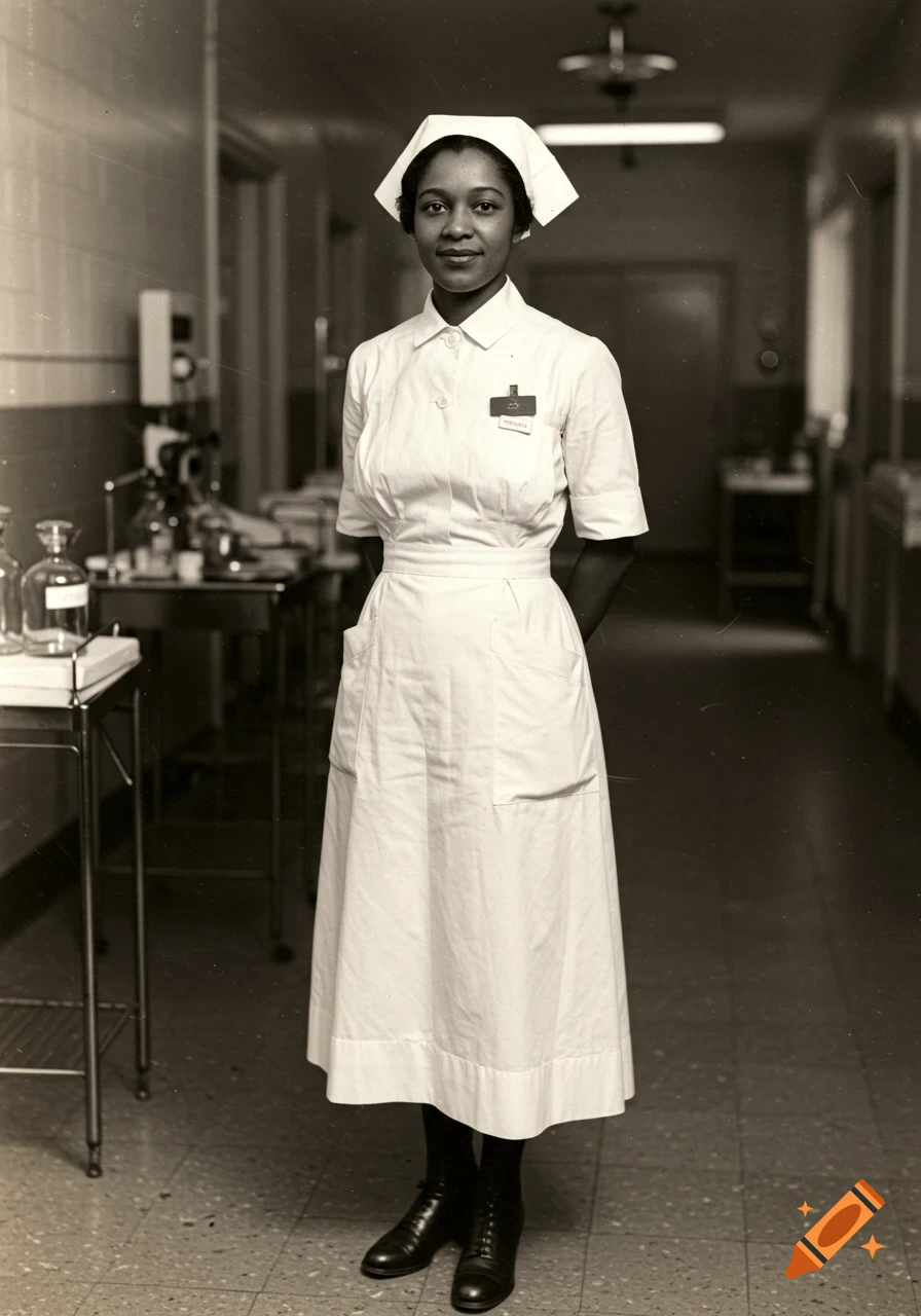 Black and white portrait of a woman in a nurse uniform standing in a hospital hallway. Vintage photo.