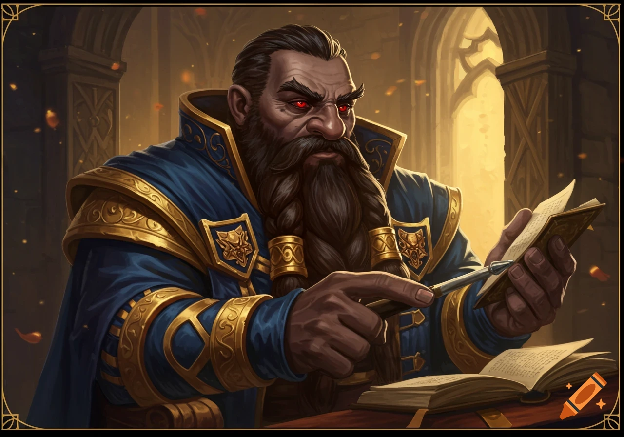 A dwarf with red eyes wearing regal blue and gold attire sits in a library and writes in a book with a quill pen.