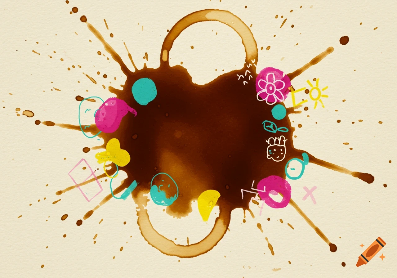 A coffee spill on a paper with colorful doodles and drawings around it.