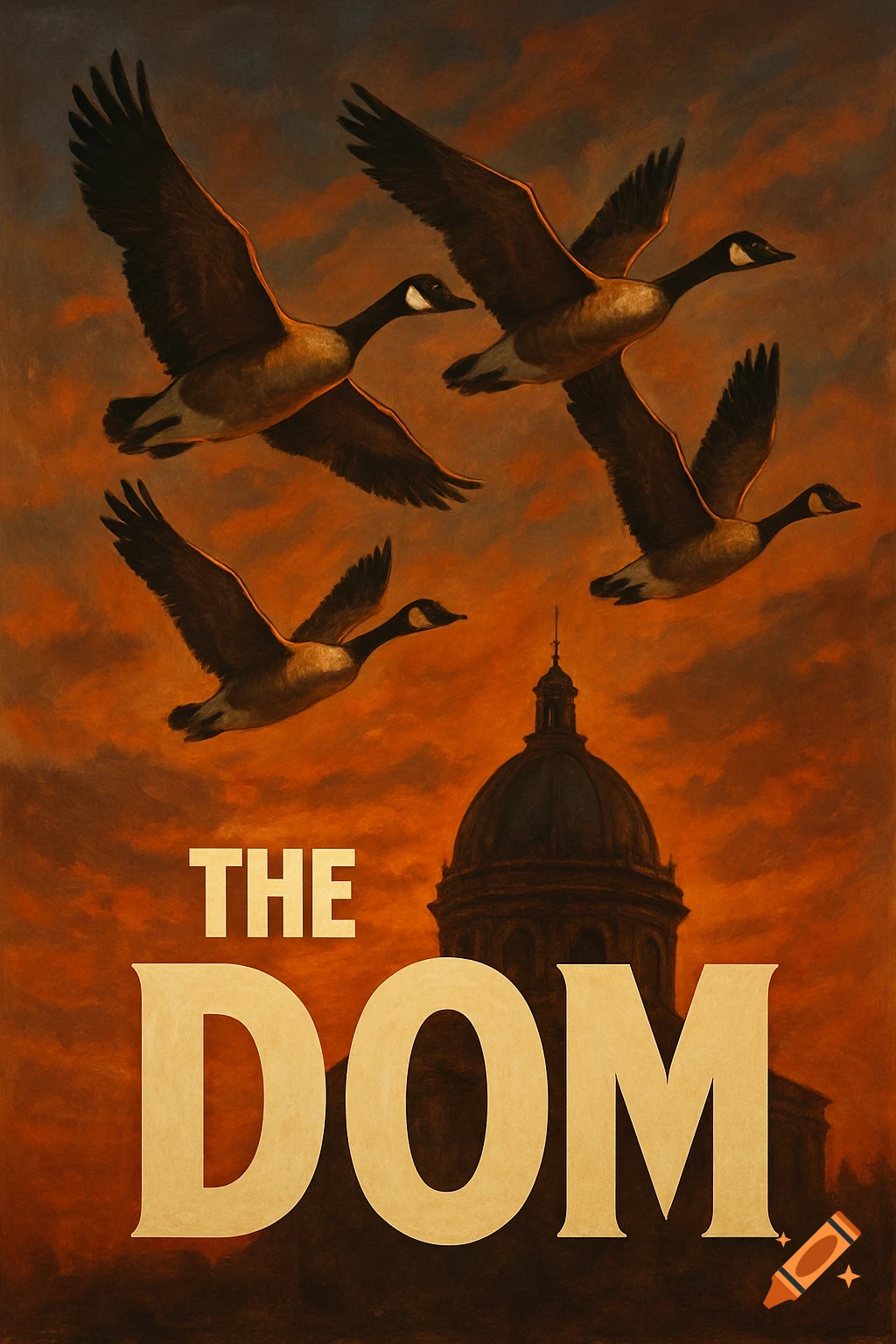 Four geese fly over a dome structure under an orange sky, with the text 'THE DOM' displayed prominently, in a movie poster style.