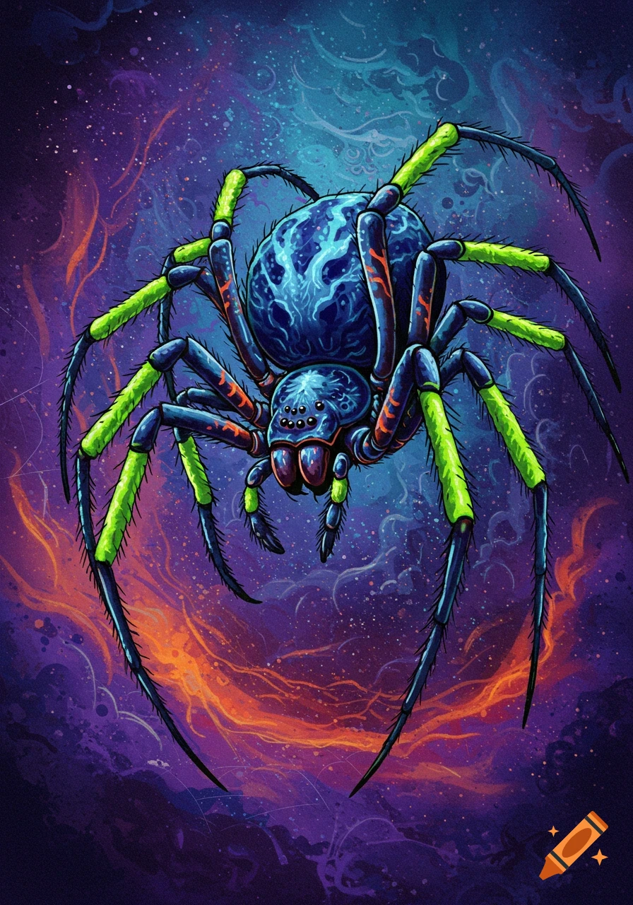 Stylized illustration of a blue and green spider against a vibrant cosmic background.