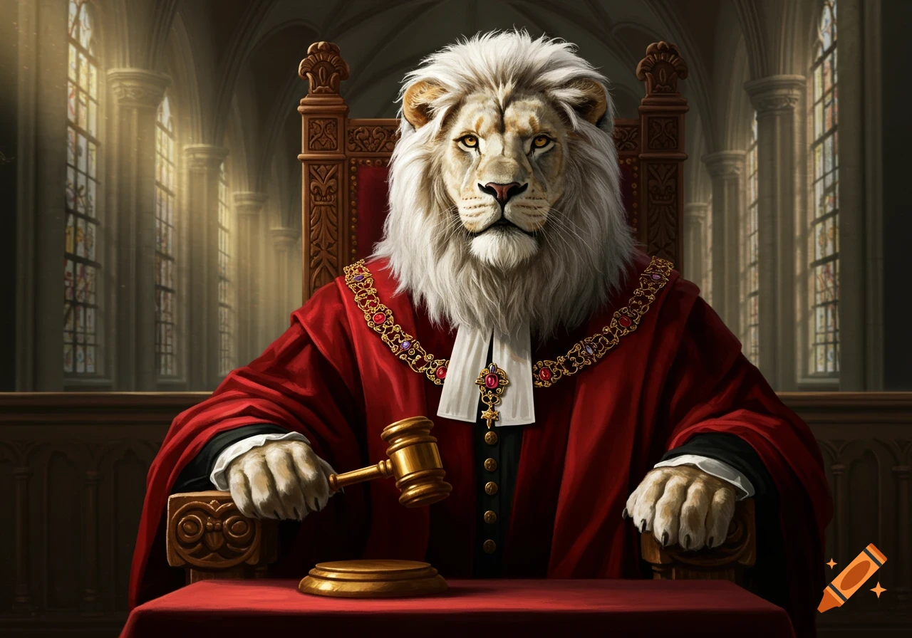 A lion judge in a red robe sits in a courtroom holding a gavel.