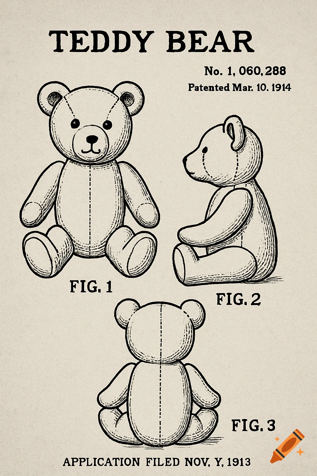 Black and white patent drawing showing three views of a teddy bear.