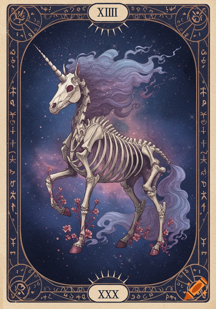Illustration of a skeleton unicorn on a tarot card against a starry background.