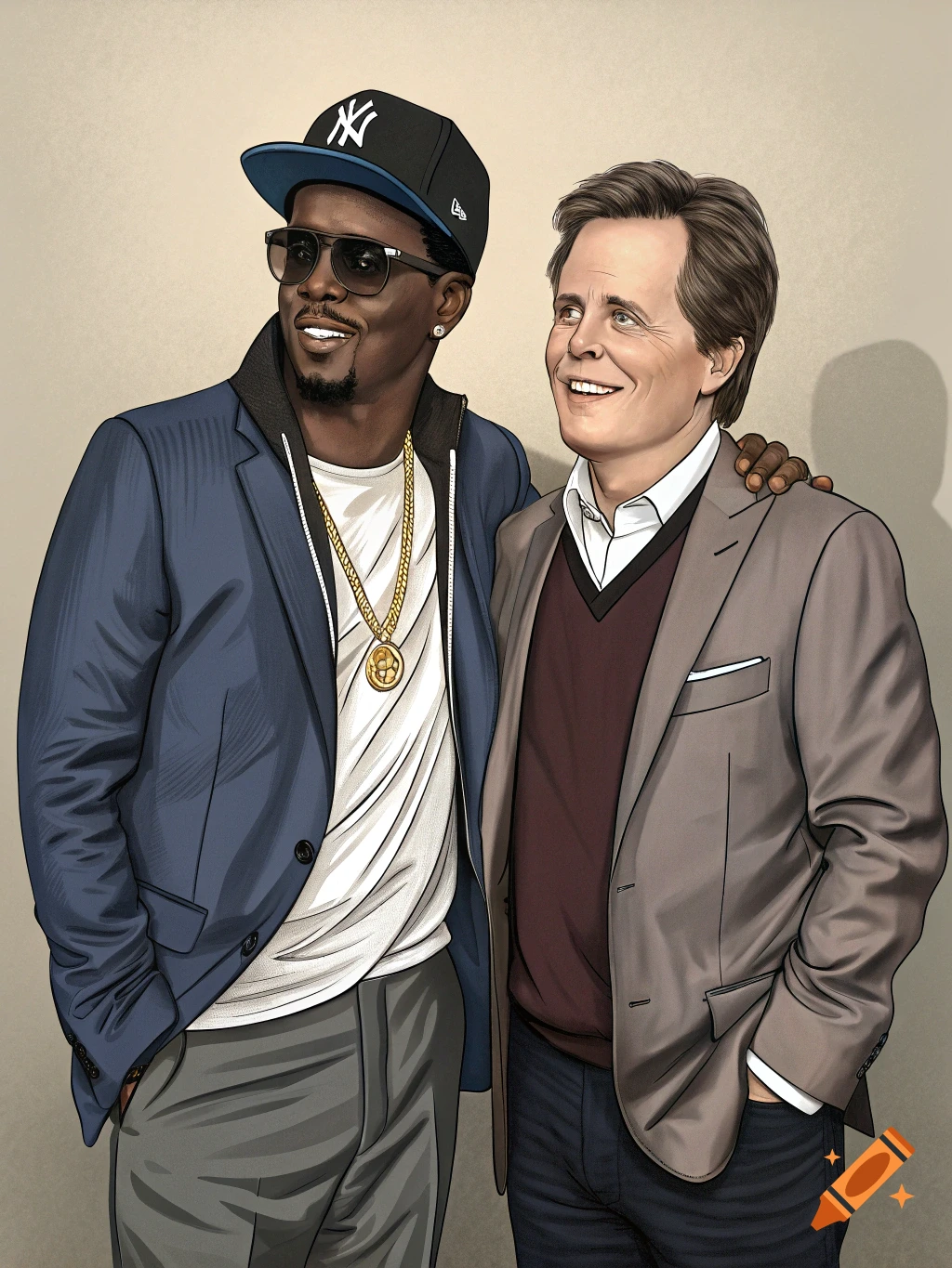 Stylized illustration of Diddy and Michael J. Fox standing together.