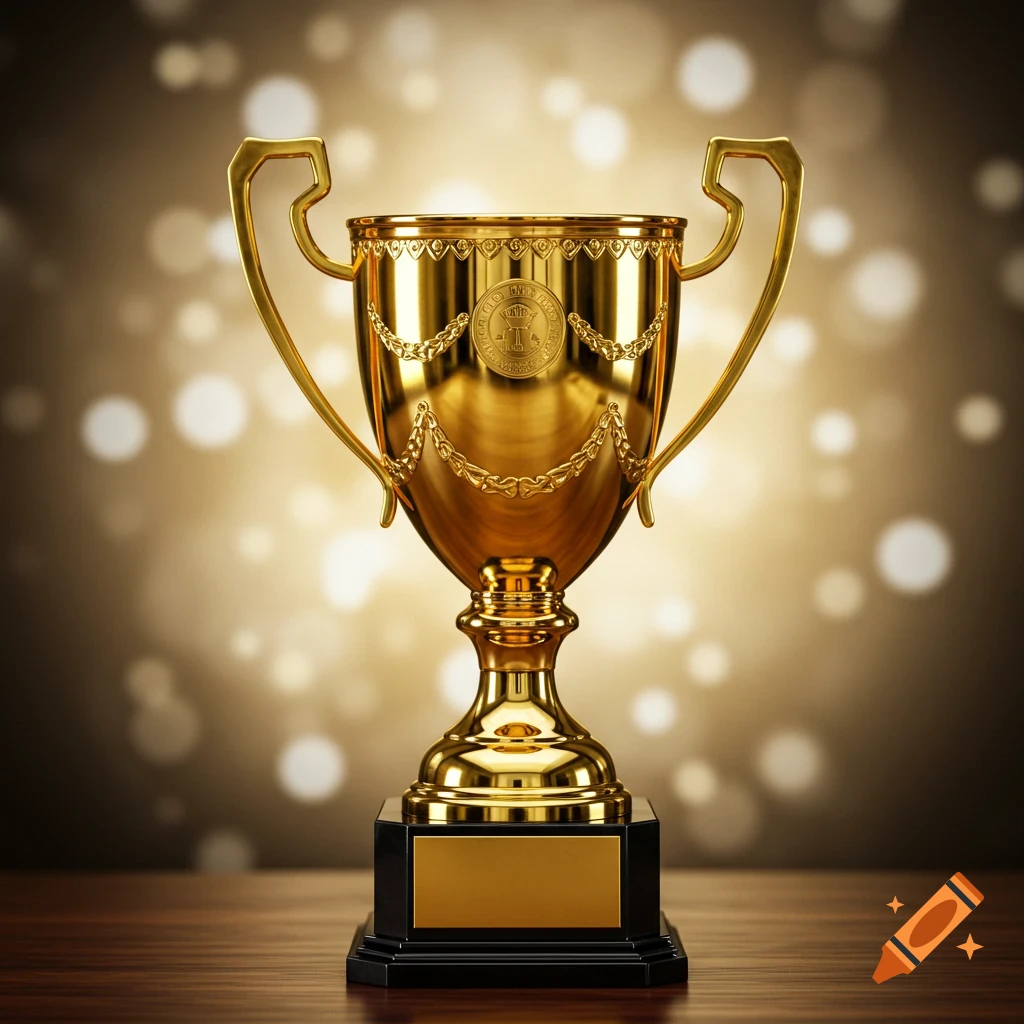 A shiny golden trophy on a wooden table with a bokeh background.