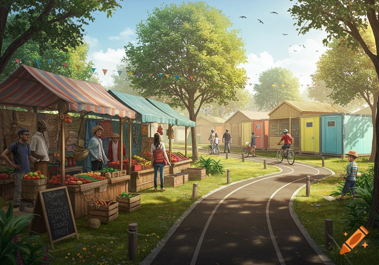 A bustling outdoor market with people browsing stalls of produce, next to a bicycle path with cyclists, in a sunny park.