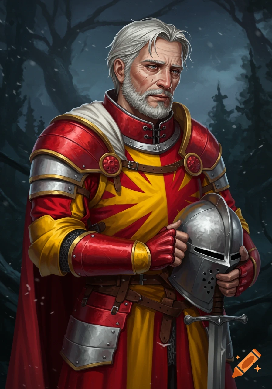 A portrait of an older medieval knight in red and yellow armor holding a helmet.