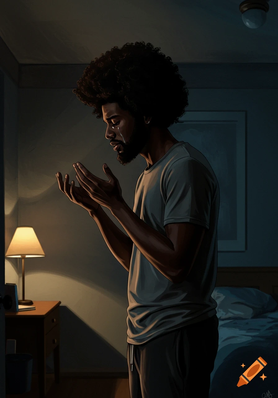Illustration of a man with an afro praying or crying in a dimly lit room.