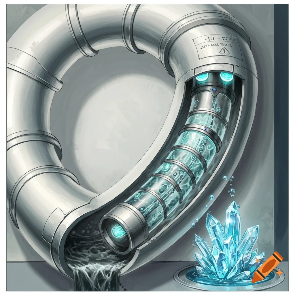 Sci-fi illustration of a curved pipe with a cutaway revealing a water filter and glowing crystals.