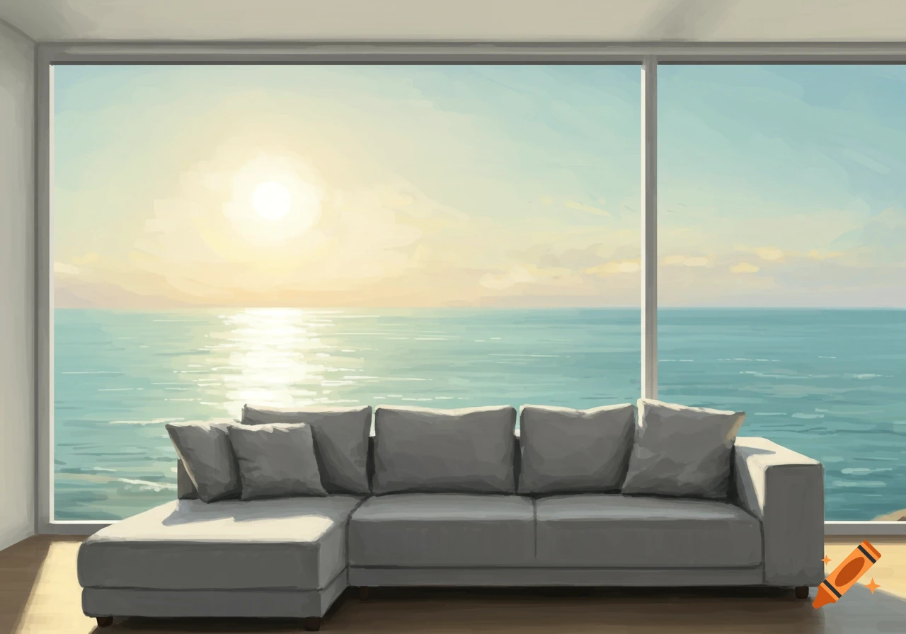 A grey sectional sofa faces a large window with a view of the ocean and a sunset in a digital art style.