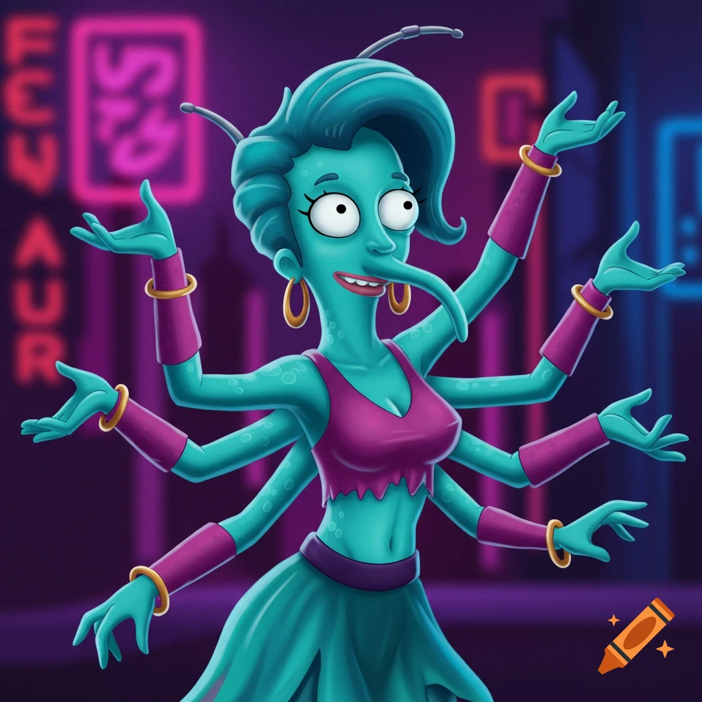 Cartoon illustration of a blue-skinned, multi-armed alien woman dancing in a crop top and skirt against a neon background.