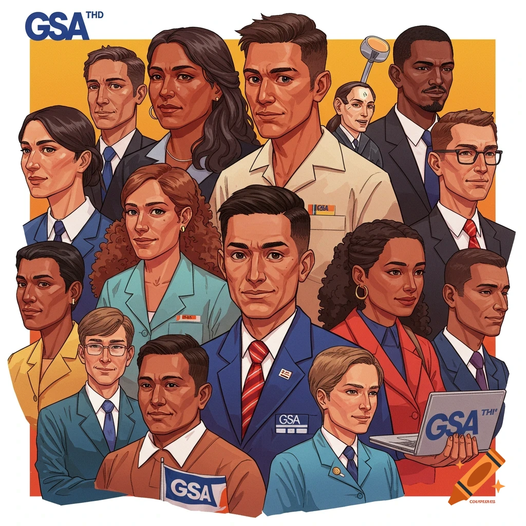Stylized group portrait of diverse professionals in business and uniform attire with GSA logos.
