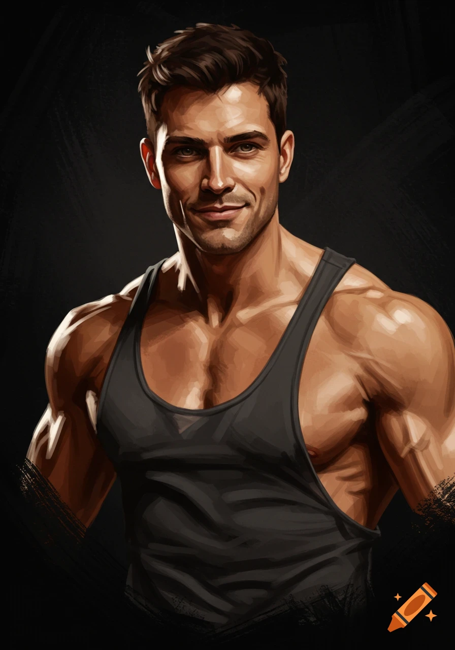 An illustration of a muscular man in a black tank top smiling on a dark background.