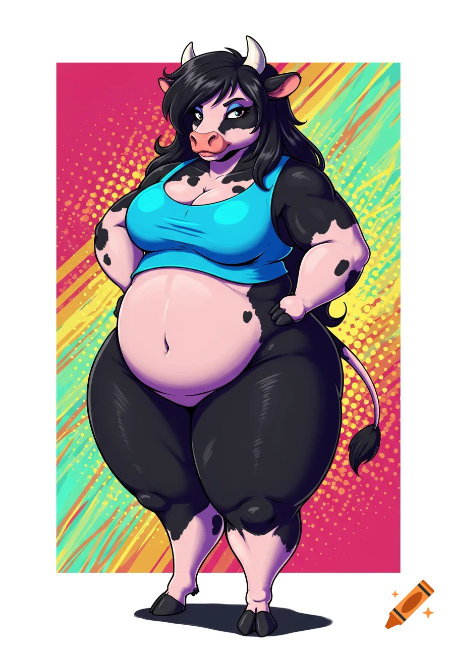 Cartoon style anthro cow with black hair and spots, wearing a blue crop top, standing confidently against a colorful background.