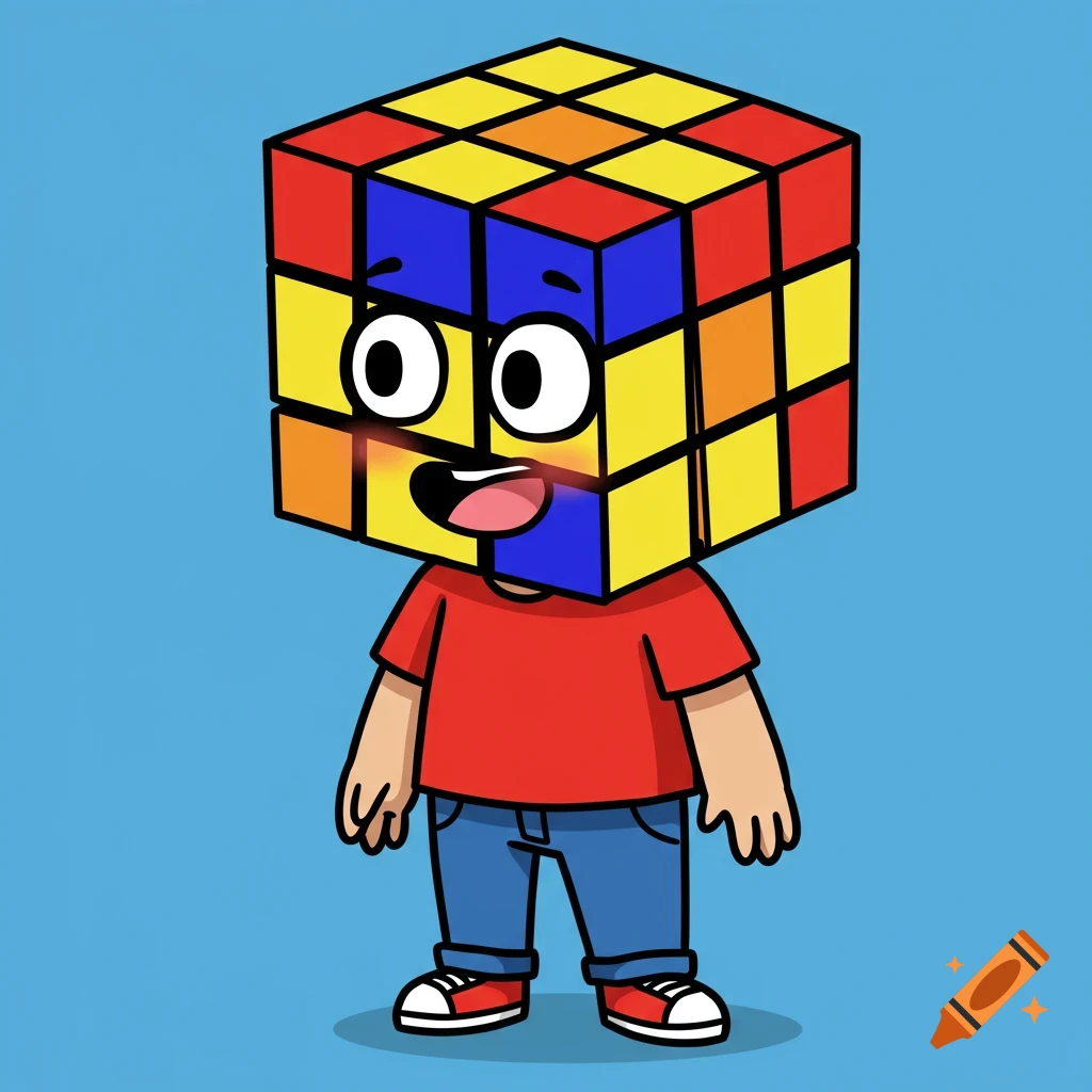 A cartoon character with a Rubik's Cube head, red shirt, blue jeans, and red sneakers on a blue background.
