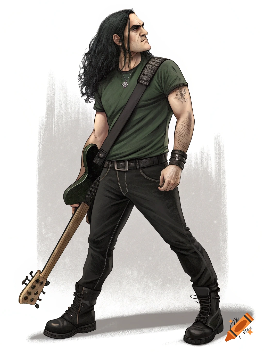 Illustration of a man with long black hair holding a bass guitar.