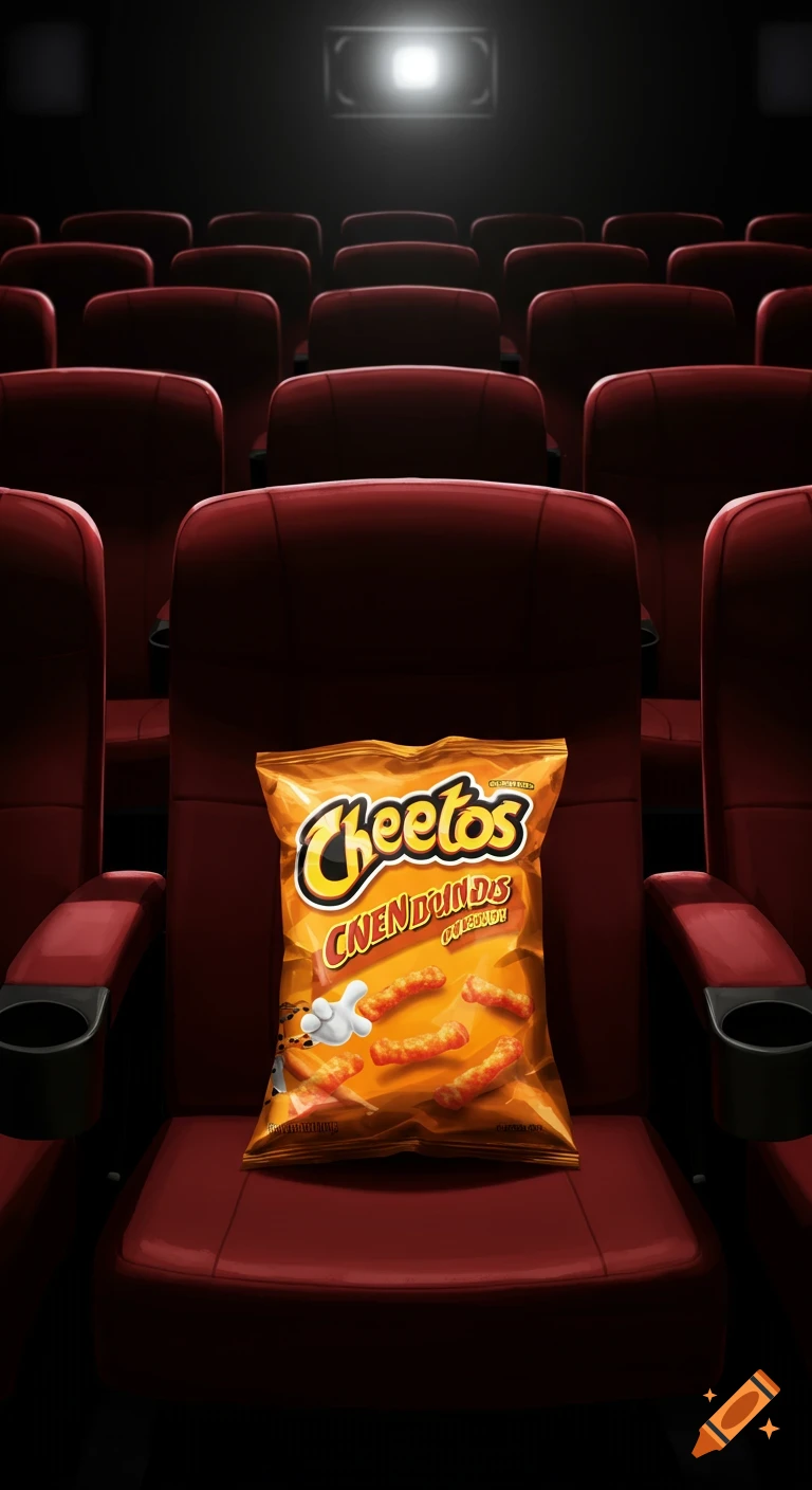 A bag of Cheetos sits on a red seat in a dark movie theater with a spotlight on the screen.