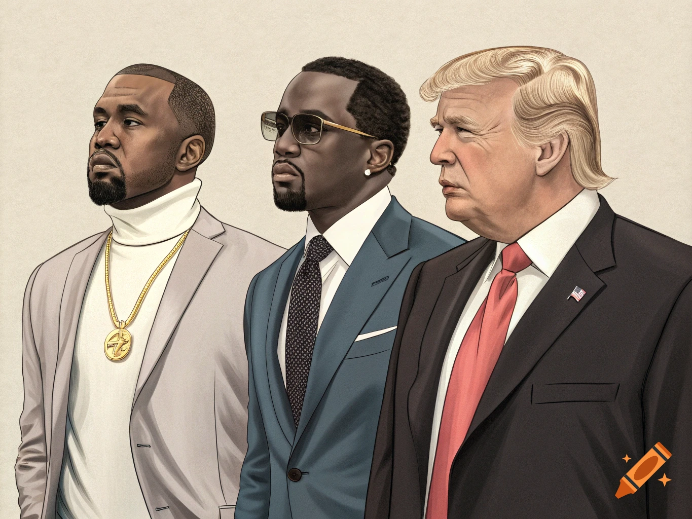Illustrated portraits of Kanye West, Sean Combs, and Donald Trump.