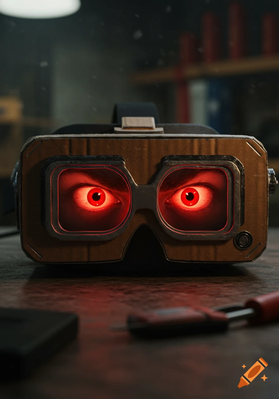 Close-up of a VR headset on a table with glowing red evil eyes looking out from the screens.