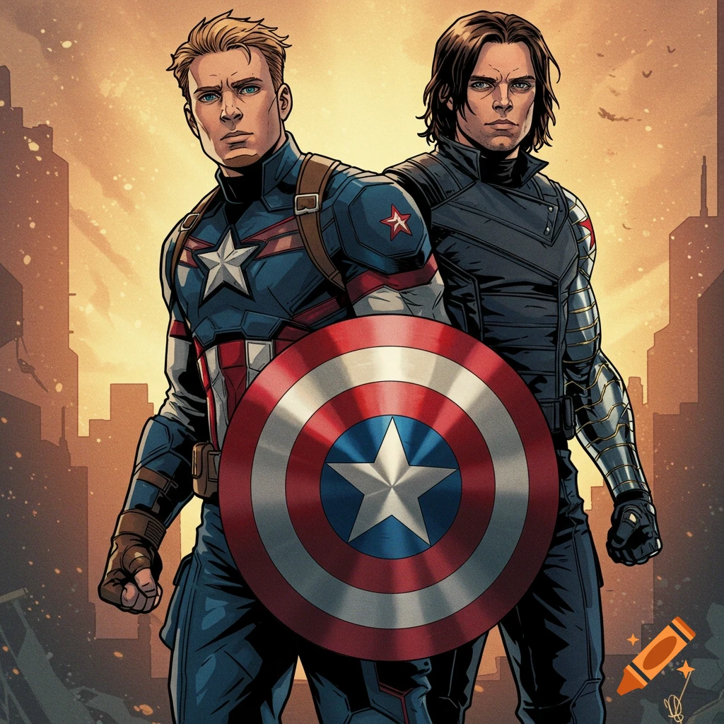 Comic art of Captain America and Bucky with shield in city