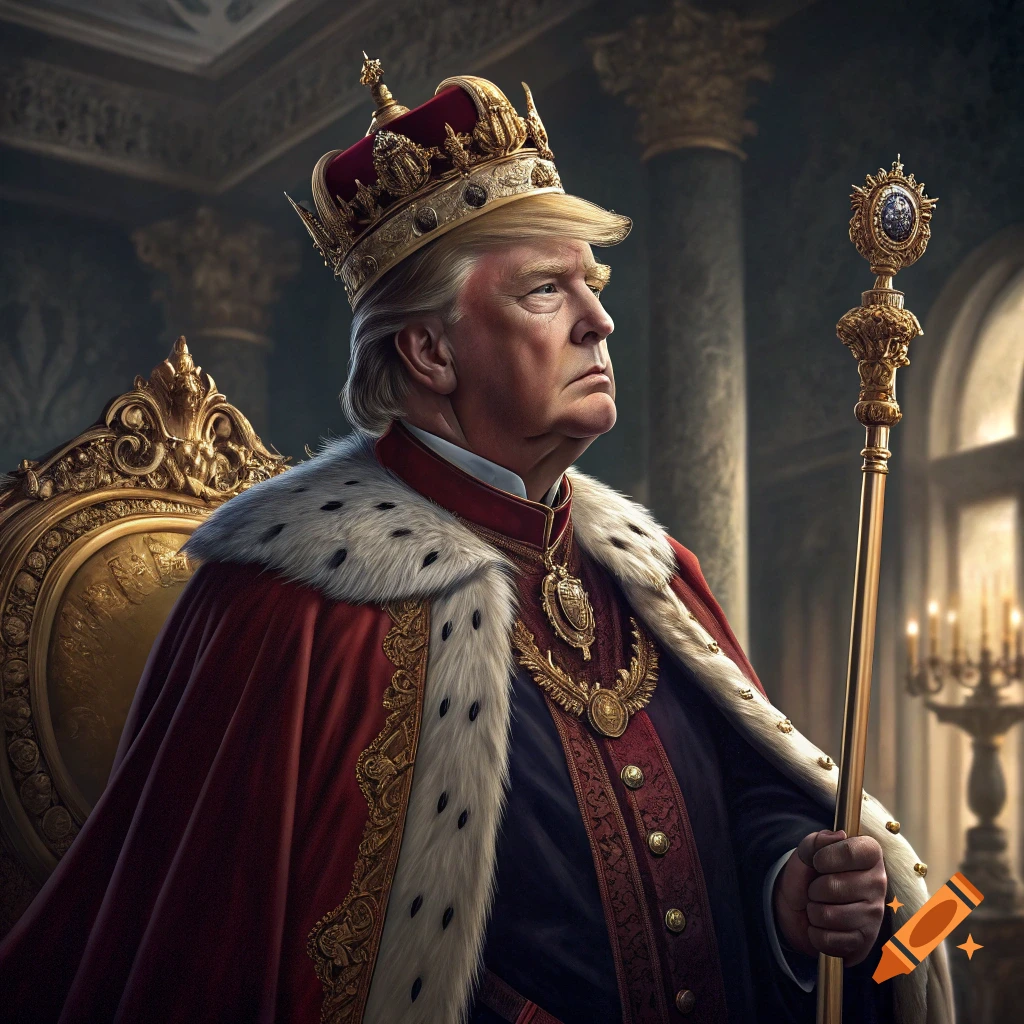 Donald Trump in a royal robe and crown sitting on a throne, holding a scepter.