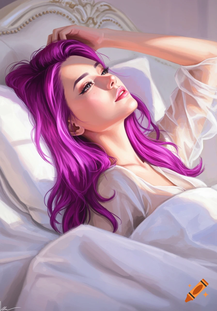 Digital painting of a woman with purple hair relaxing in bed, looking ...