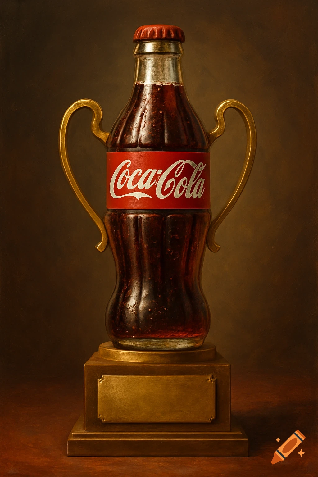 A Coca-Cola bottle shaped like a golden trophy on a stand.