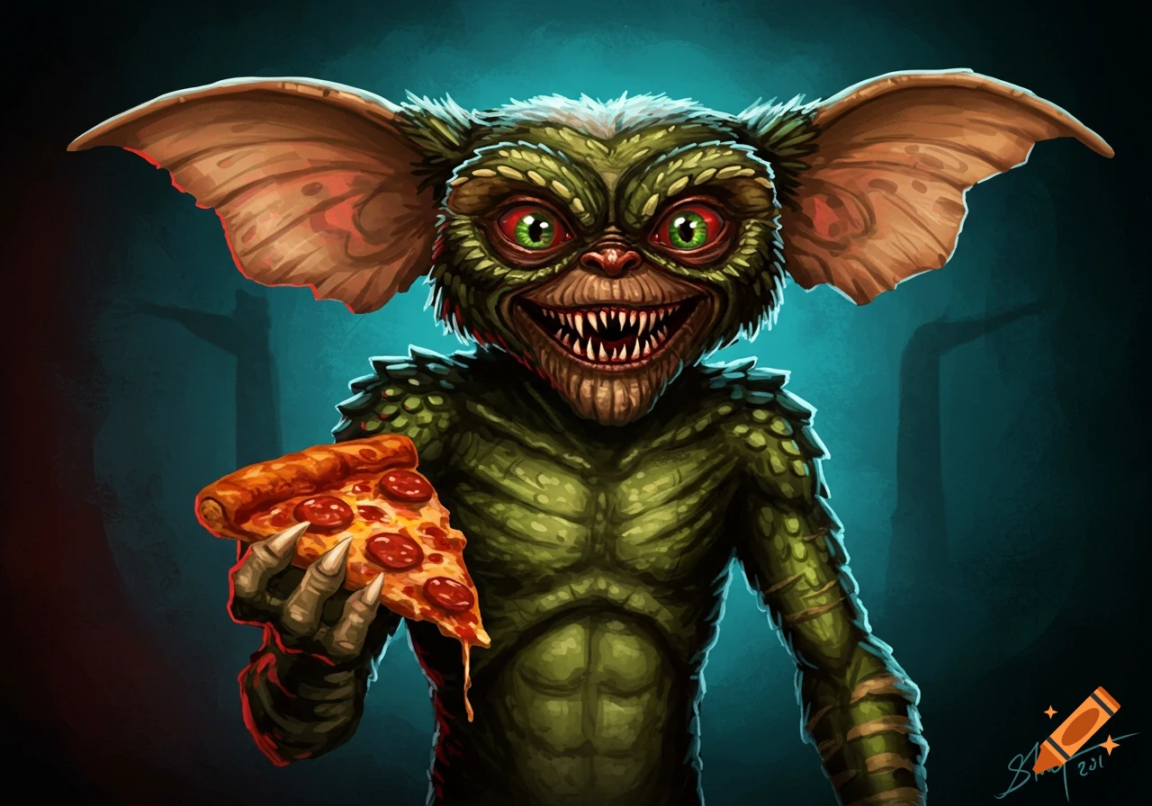 A green Gremlin monster holding a slice of pepperoni pizza