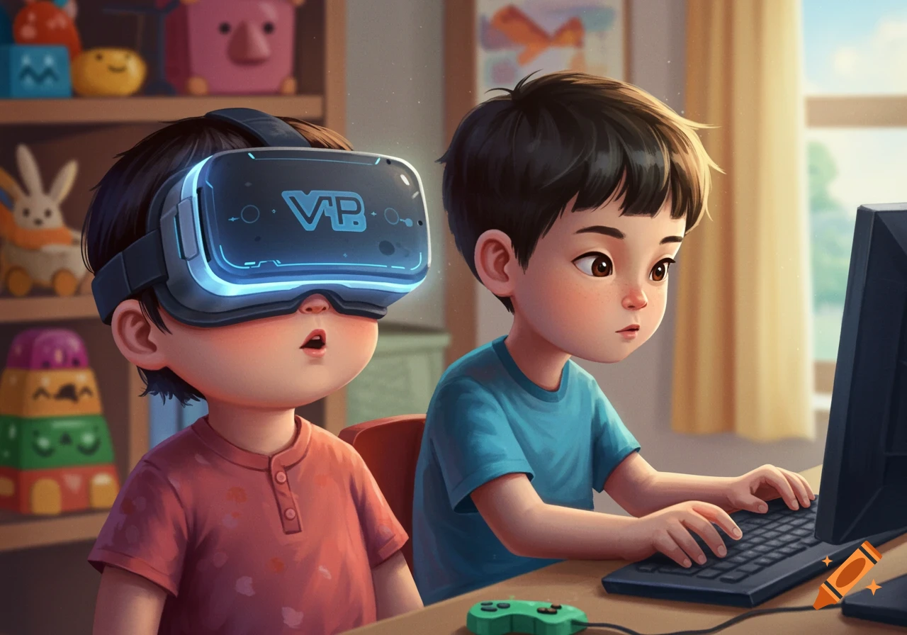 Two illustrated children playing games, one using a VR headset, the other on a computer.