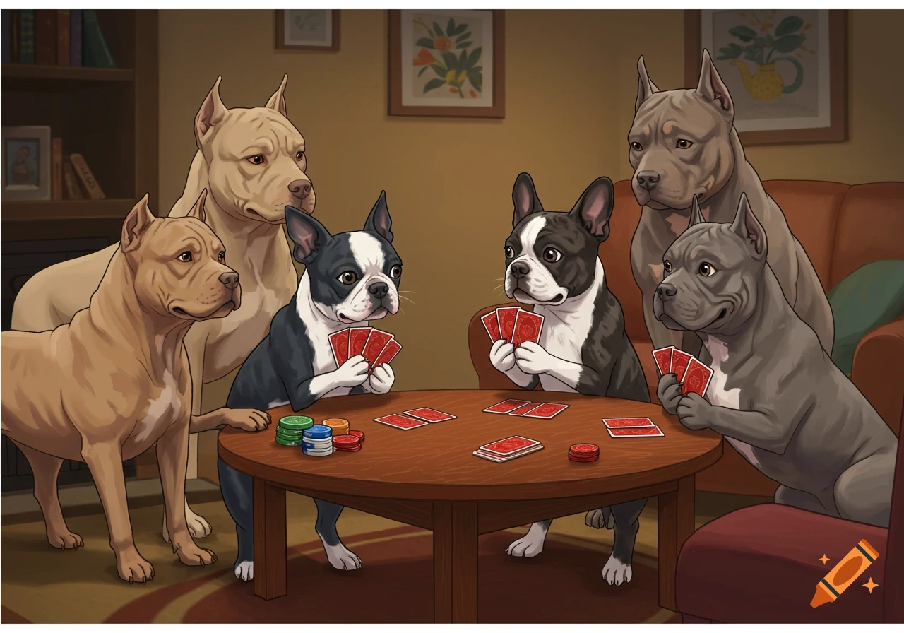 Illustration of six dogs playing cards around a table.