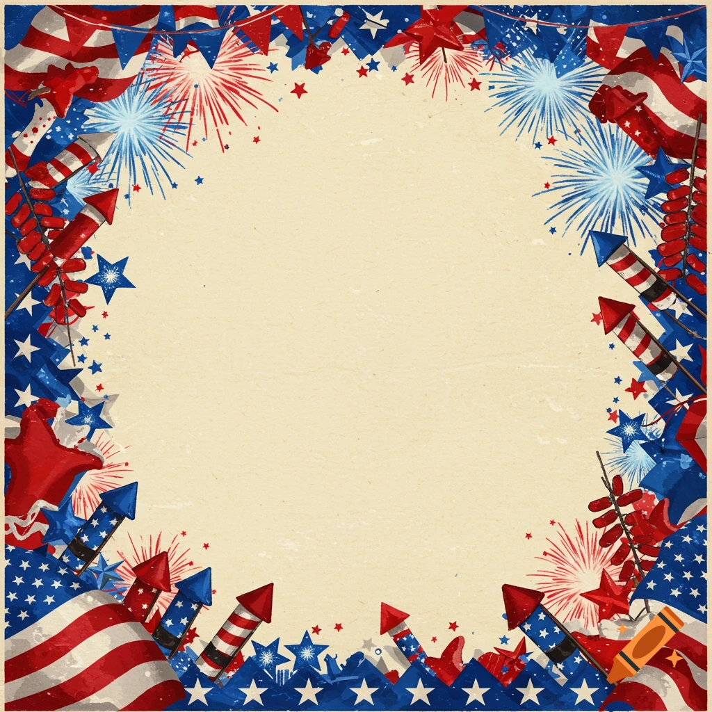 A patriotic page border with US flags, stars, fireworks, and rockets on a textured background.