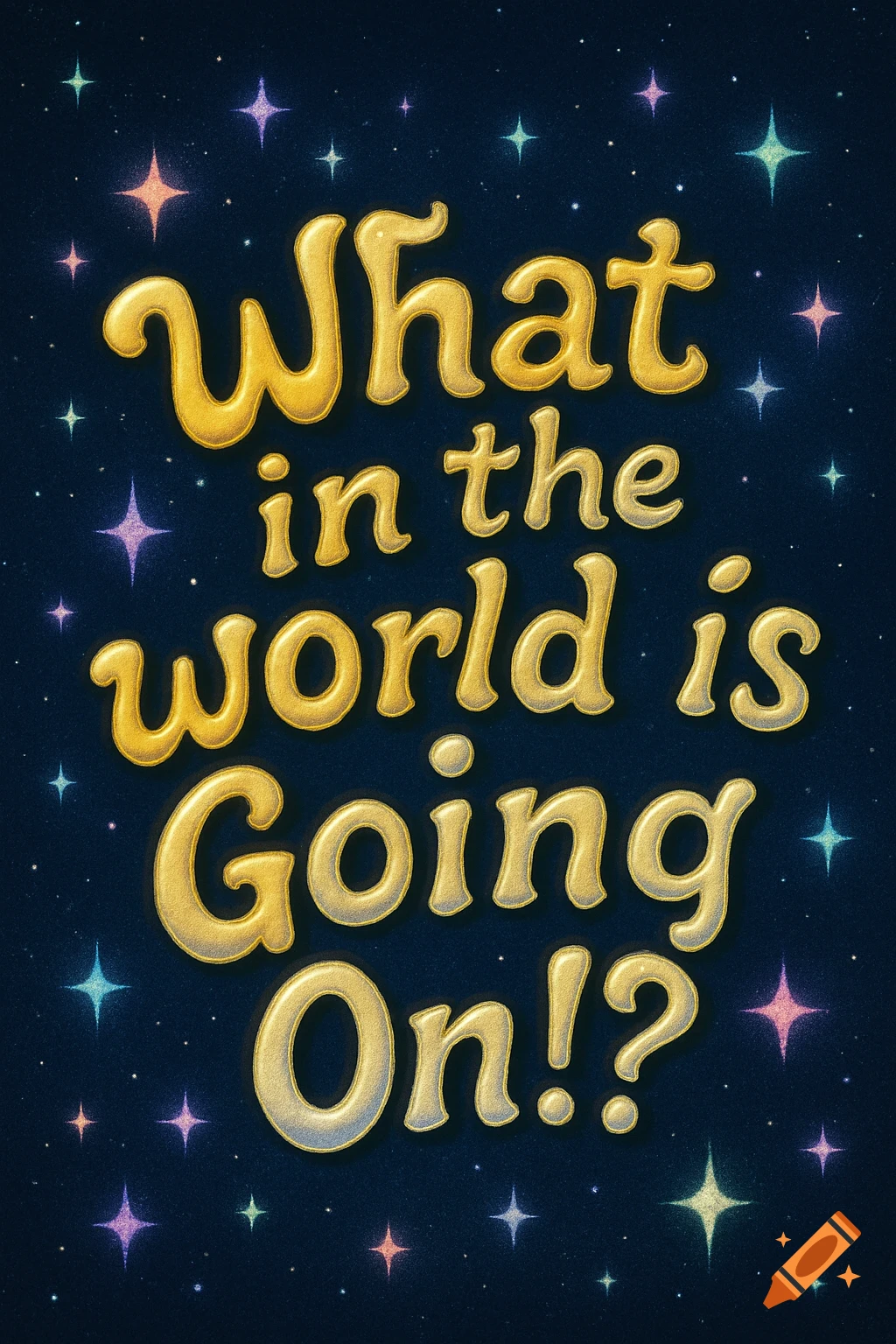 Gold bubbly text reads 'What in the world is Going On!?' against a dark blue starry night sky.