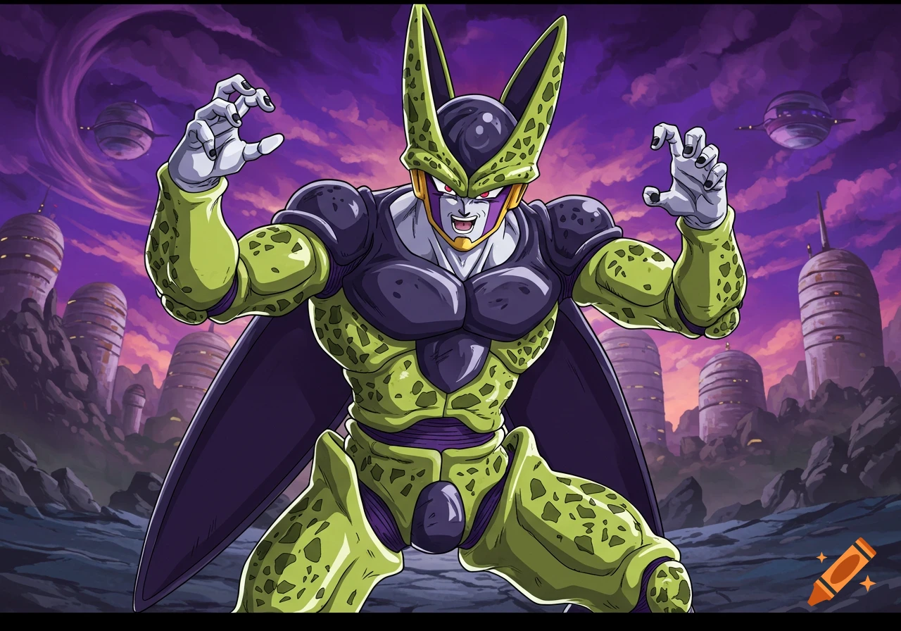 Cell from Dragon Ball Z in a dynamic pose, with hands raised, against a purple sky and futuristic buildings.