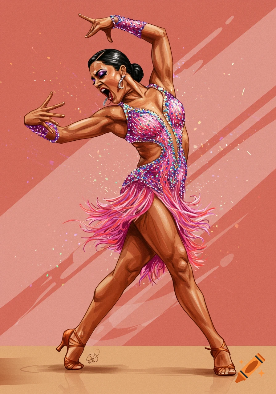 Illustration of a female competition dancer in a pink sequined costume performing a pose.