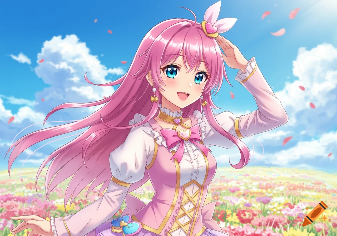 Anime girl with pink hair stands in a field of flowers under a blue sky.