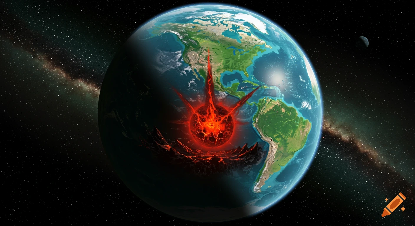 Earth-like planet from space with a fiery impact burning at the south pole.