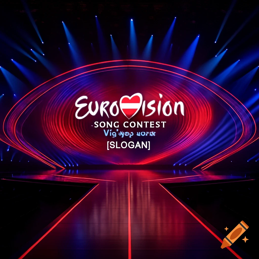 A large, modern stage with a red and blue light show, featuring a screen displaying the Eurovision Song Contest logo.