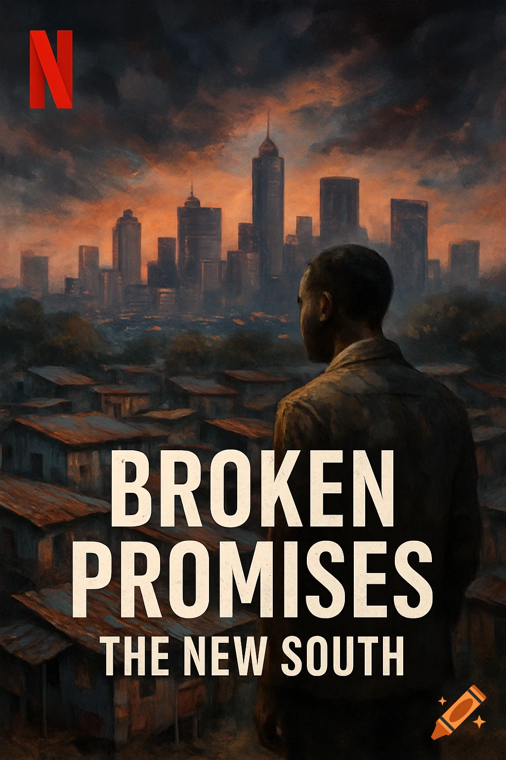 Painted movie poster showing a man viewing a city skyline over a shanty town, with the title Broken Promises: The New South.