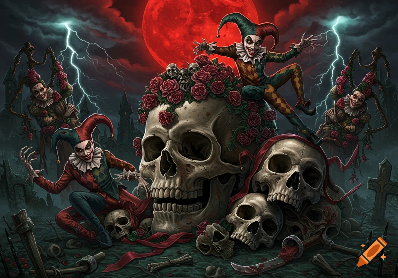 Dark fantasy illustration of jesters among skulls and gravestones under a red moon with lightning.