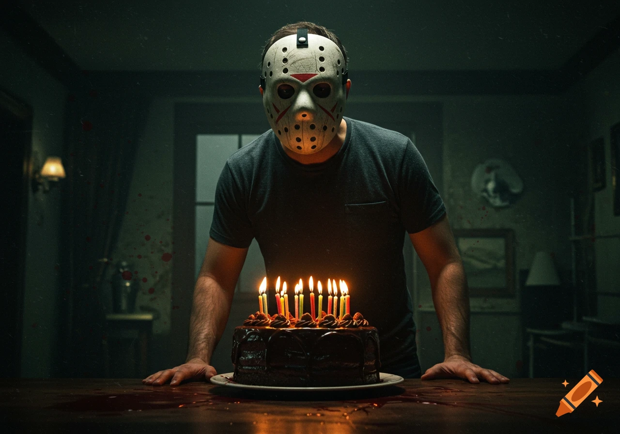 A man in a hockey mask stands behind a chocolate birthday cake with lit candles on a table with blood splatter.