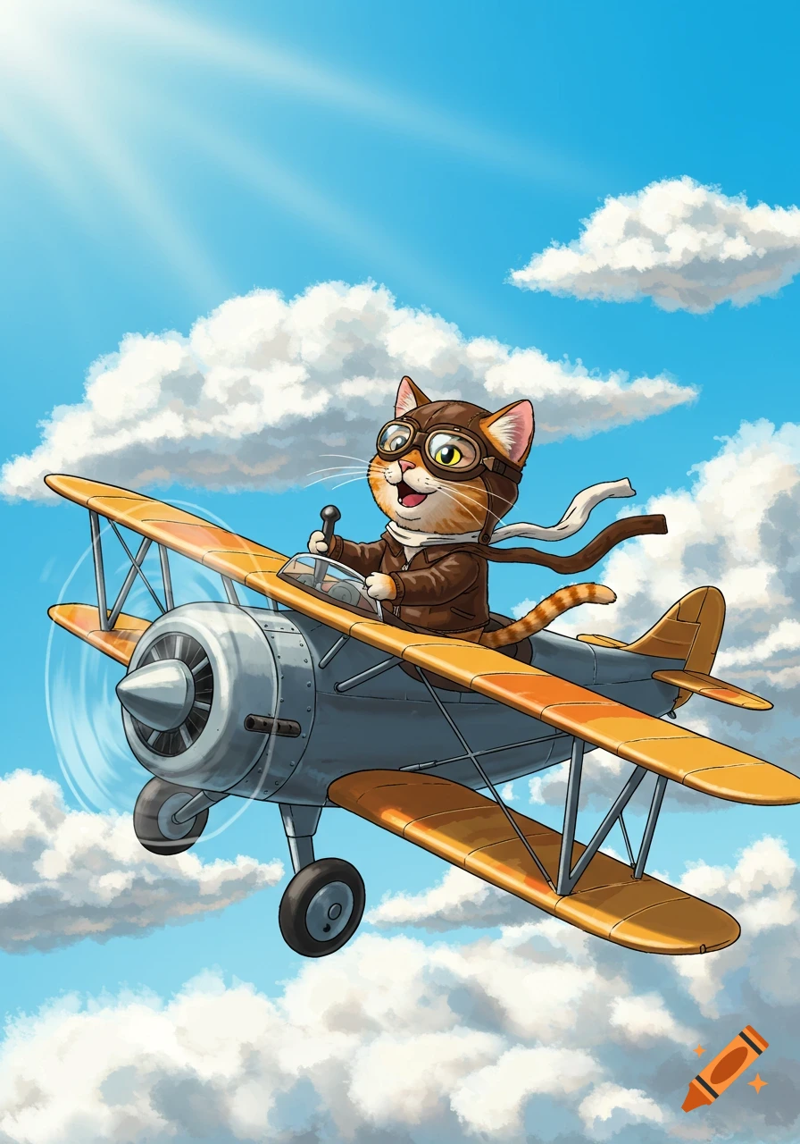 Cartoon cat in pilot gear flies a biplane through a sunny, cloudy sky.