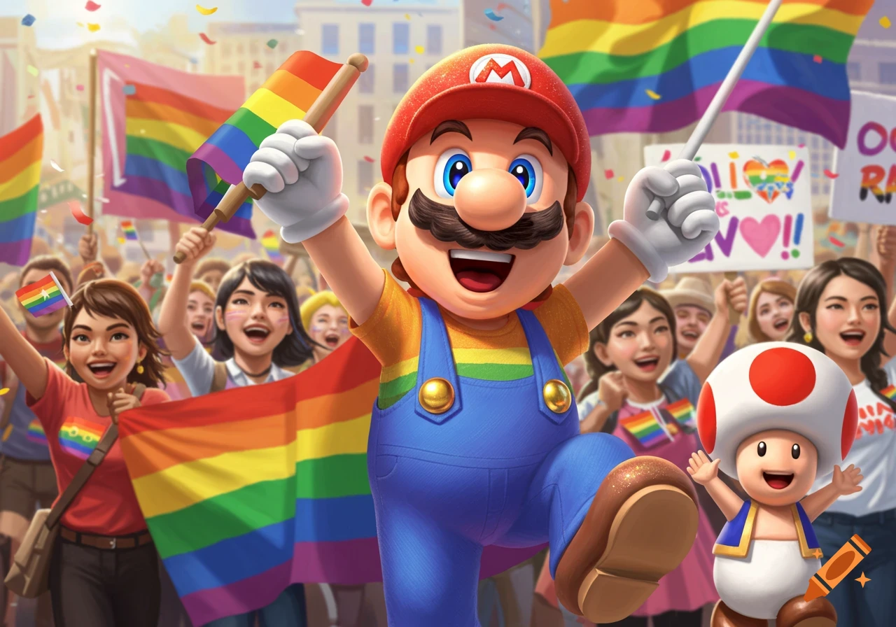 Super Mario-like character and Toad-like character at an LGBTQ+ pride rally with rainbow flags and crowd.