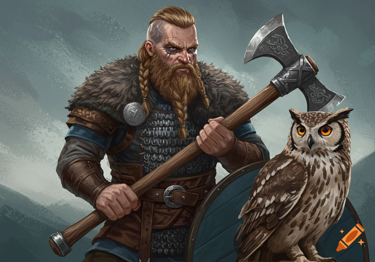 Digital painting of a fierce Viking holding a battle axe next to a large horned owl.