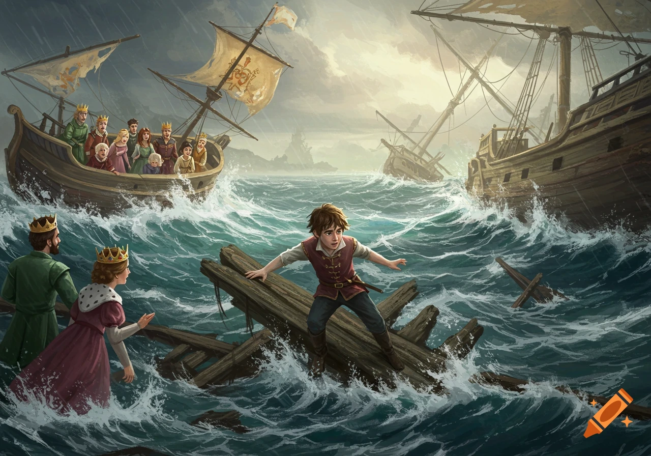 Illustration of a young person on shipwreck debris in a storm, watched by people in a small boat with other wrecked ships in the background.