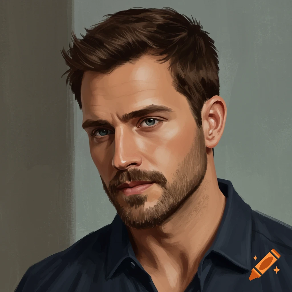 Digital painting portrait of a man with brown hair, blue eyes, and a beard.