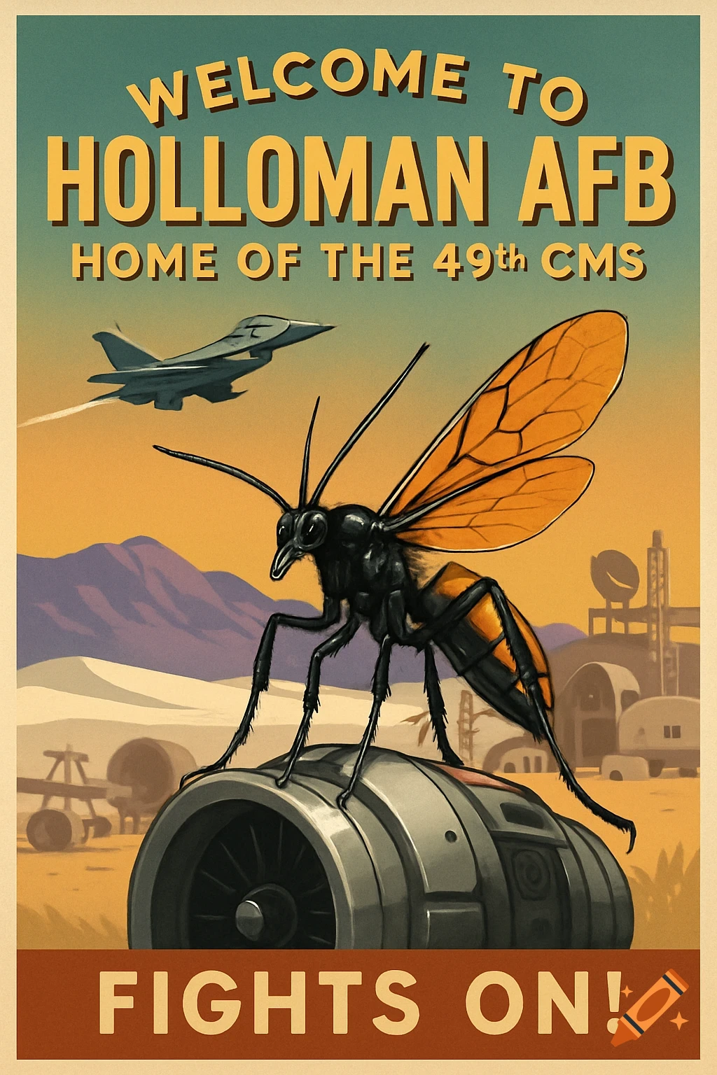 Vintage-style military recruitment poster for Holloman AFB featuring a giant wasp on an engine with a jet flying over desert mountains.